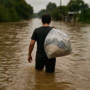 Mann-Wasserkatastrophe-Plastiktüte-KI